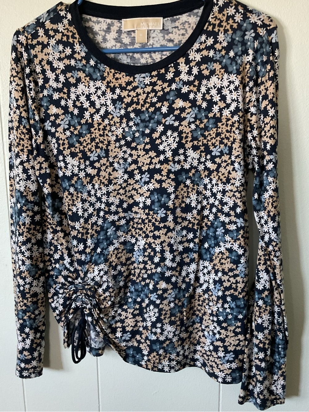 Michael Kors Navy Blue Cream Floral Long-Sleeve Ruched Side Top.